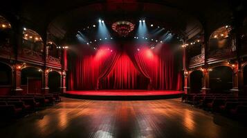 teatro estágio, com vermelho cortina, de madeira chão, cadeiras e iluminação ai generativo foto