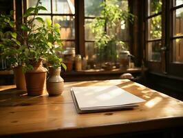 papel em a de madeira mesa, real fotografia com suave iluminação e Sol luz ai gerar foto