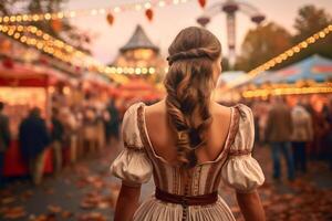 jovem mulher dentro tradicional bávaro vestir em a parque de diversões. oktoberfest. ai generativo foto