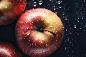 fresco vermelho maçãs coberto com água gotas. ai generativo foto