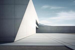 moderno concreto construção com esvaziar chão e montanhas dentro a fundo, perspectiva visualizar. ai generativo foto