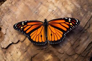 borboleta, danaus plexipo, em madeira. ai generativo foto