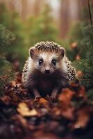 ouriço dentro a outono floresta. selvagem e livre animal. ai generativo foto