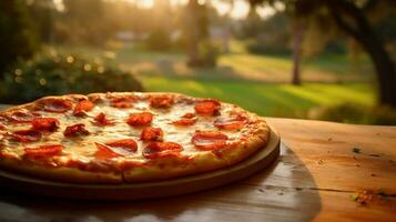 realista pizza fotografia com queijo, salsinha, e calabresa com parque fundo gerado de ai foto