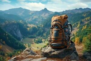 jovem caminhante com mochila dentro montanhas foto