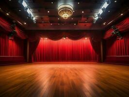 teatro etapa com vermelho cortina, iluminação, de madeira chão, insano detalhe, suave iluminação ai generativo foto