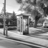 uma realista cenário do uma linha lado de fora uma telefone cabine, em a lateralmente ai generativo foto