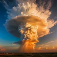 uma enorme cumulonimbus nuvem parece majestoso tomando banho dentro uma dourado Sol luz ai generativo foto