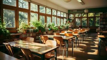 escola classe dentro luz do dia. limpar \ limpo interior com quadro branco, gaveta, cadeiras e mesas ai generativo foto