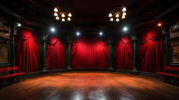 teatro estágio, com vermelho cortina, de madeira chão, cadeiras e iluminação ai generativo foto