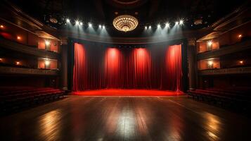 teatro estágio, com vermelho cortina, de madeira chão, cadeiras e iluminação ai generativo foto