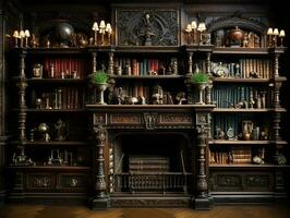 uma fotografia do clássico de madeira biblioteca, insano detalhe ai generativo foto