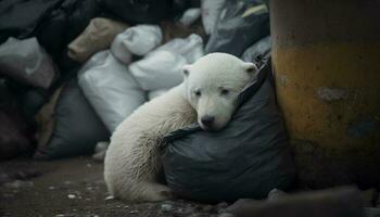 uma branco Urso dorme Próximo para uma pilha do lixo entre uma pilha do plástico desperdício, conceito do salvando a mundo. generativo ai. foto
