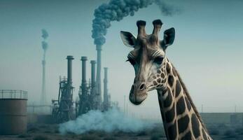 girafa em pé dentro frente tóxico massa a partir de uma químico plantar. generativo ai. foto