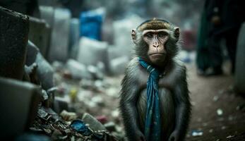 uma macaco ficar de pé entre a pilhas do plástico desperdício e a chuva. conceito do salvando a mundo. generativo ai. foto