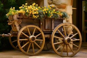 transporte com de madeira rodas Como decoração para flores generativo ai foto