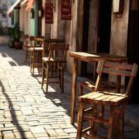 Barra mesas e cadeiras estão em a rua. generativo ai foto