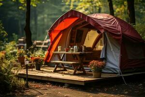 acampamento piquenique barraca área de camping dentro ao ar livre caminhada floresta. generativo ai foto