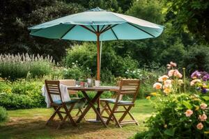 cafeteria mesa com cadeira e sombrinha guarda-chuva dentro a jardim. generativo ai foto