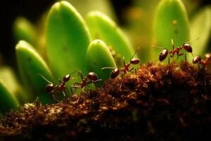 fechar-se do a formiga carregando presa. generativo ai foto