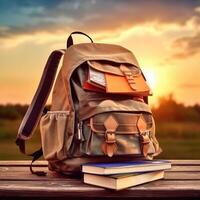 mochila com livros em de madeira mesa sobre pôr do sol céu fundo. costas para escola conceito. generativo ai foto