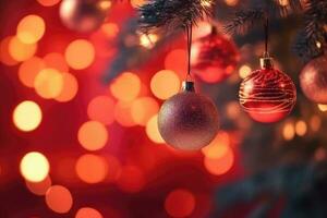 Natal com decoração vermelho bolas e luzes dentro abstrato desfocado fundo, Novo ano conceito , gerar ai foto