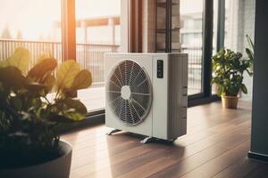 ar fonte calor bomba instalado dentro residencial prédio. generativo ai foto