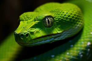 fechar-se Visão do uma verde serpente. generativo ai foto