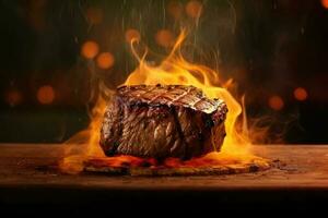 grelhado suculento pedaço do carne com fogo chamas. generativo ai foto