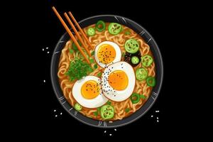 ramen dentro uma tigela topo visualizar. ramen sopa com ovo e verde cebolas. generativo ai foto