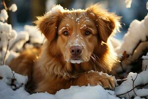 grande cachorro deitado dentro neve. generativo ai foto