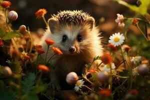 bebê ouriço dentro Primavera verde Relva com flores generativo ai foto