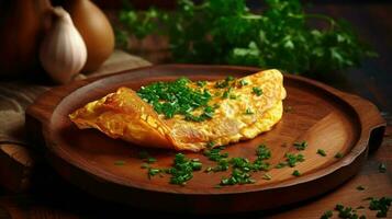 rústico omelete em de madeira prato com salsinha. gerado ai foto