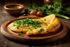 rústico omelete em de madeira prato com salsinha. gerado ai foto