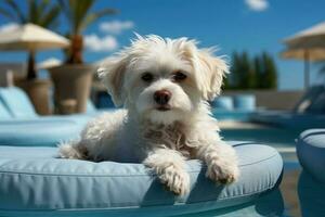 poodle cachorro senta em uma espreguiçadeira perto a piscina dentro a verão. generativo ai foto