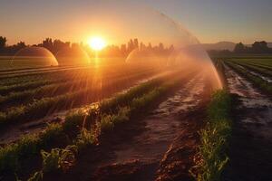 água jatos água jovem fotos em a campo às pôr do sol com lindo brilho irrigação. generativo ai