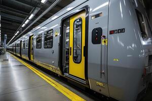 Visão em vagão do a Alto Rapidez trem com amarelo porta fechadas dentro a trilho estação. generativo ai foto