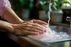 mãos do mulheres lavar seus mãos dentro uma Pia com espuma. generativo ai foto