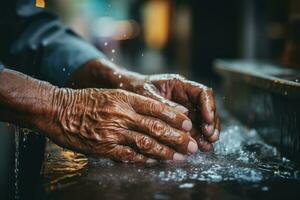 mãos do Senior homem lavar seus mãos dentro uma Pia com espuma. generativo ai foto