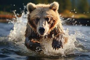 Castanho Urso pescaria dentro uma rio. generativo ai foto