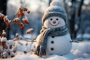 pequeno fofa boneco de neve dentro uma tricotado chapéu e cachecol em neve em uma ensolarado inverno dia. Natal cartão. generativo ai foto