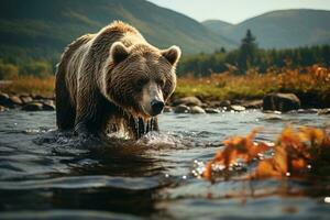 Castanho Urso pescaria dentro uma rio. generativo ai foto