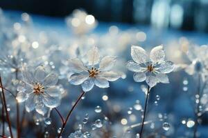 inverno cenário com gelado gelo flores, neve, e cristais. generativo ai foto