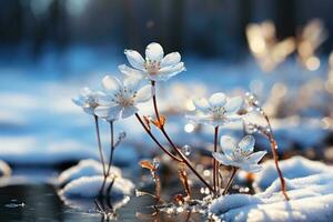 inverno cenário com gelado gelo flores, neve, e cristais. generativo ai foto