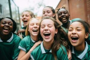 sincero tiro do uma meninas basquetebol equipe, irradiando diversão, vitalidade, e a espírito do juventude. seus energia e camaradagem capturar a alegria e excitação do jogando juntos foto