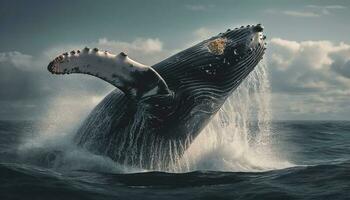 majestoso corcunda baleia espirrando dentro azul mar, natural beleza gerado de ai foto