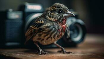 pequeno pássaro empoleirar-se em filial, olhando às Câmera com pequeno e brilhante olho gerado de ai foto