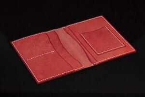couro aberto carteira dentro vermelho em uma Preto fundo. foto