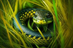 fechar acima do serpente dentro gramíneo área com amarelo listra em Está cabeça. generativo ai foto