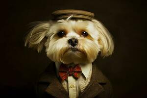 pequeno cachorro vestindo terno e arco gravata com chapéu em Está cabeça. generativo ai foto